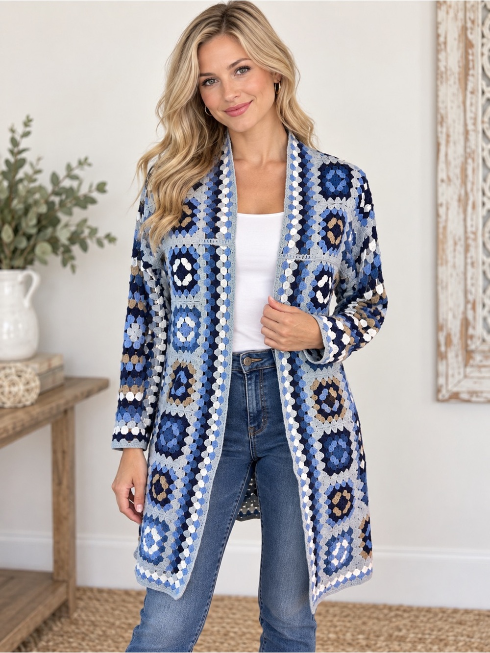 Boho Charlie B Granny Square Open Cardigan Blue Denim White Crochet Sz XS/S New